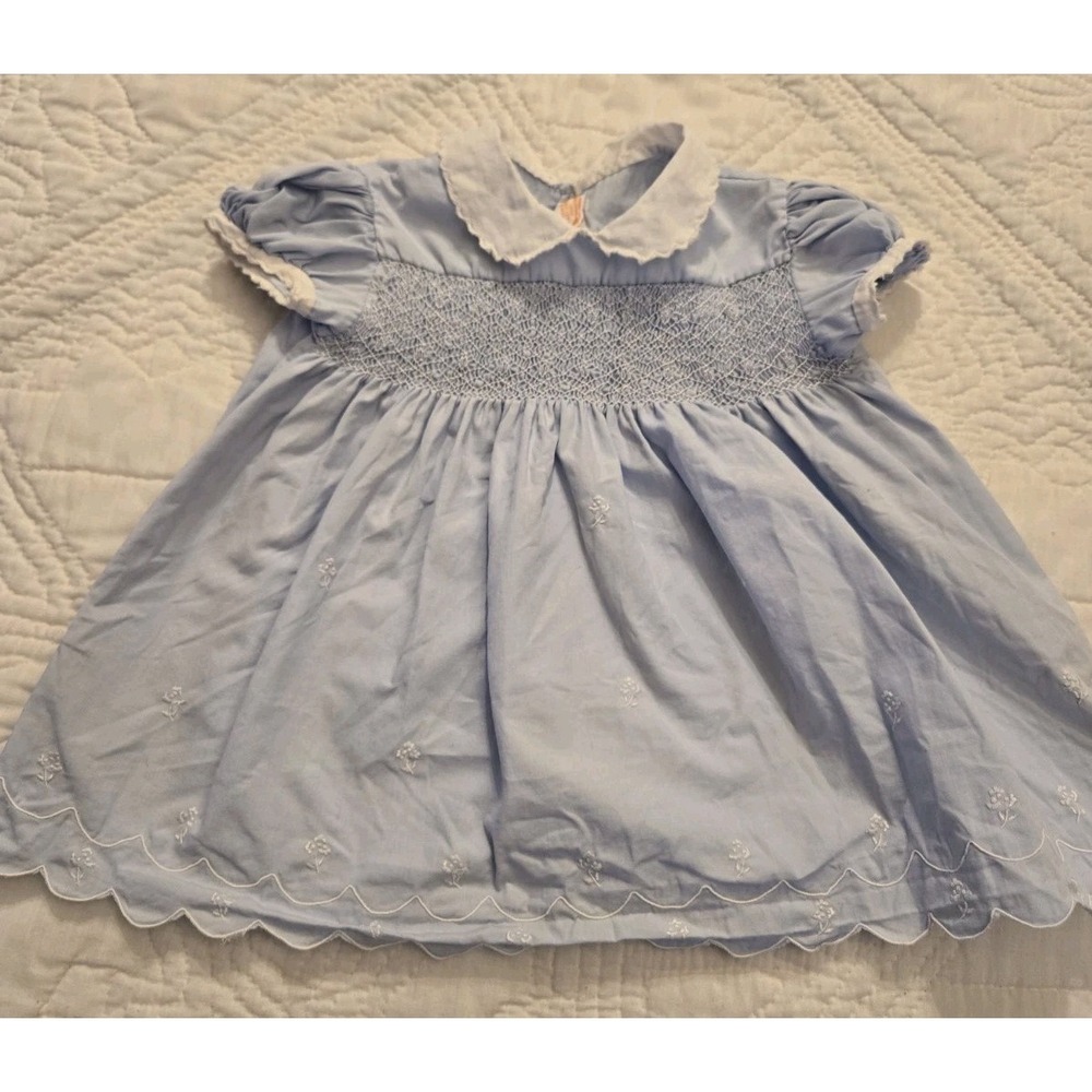 Baby Girl Vintage Baby Blue Smocked Dress 3 - 6 Months Embroidered Flowers Peter